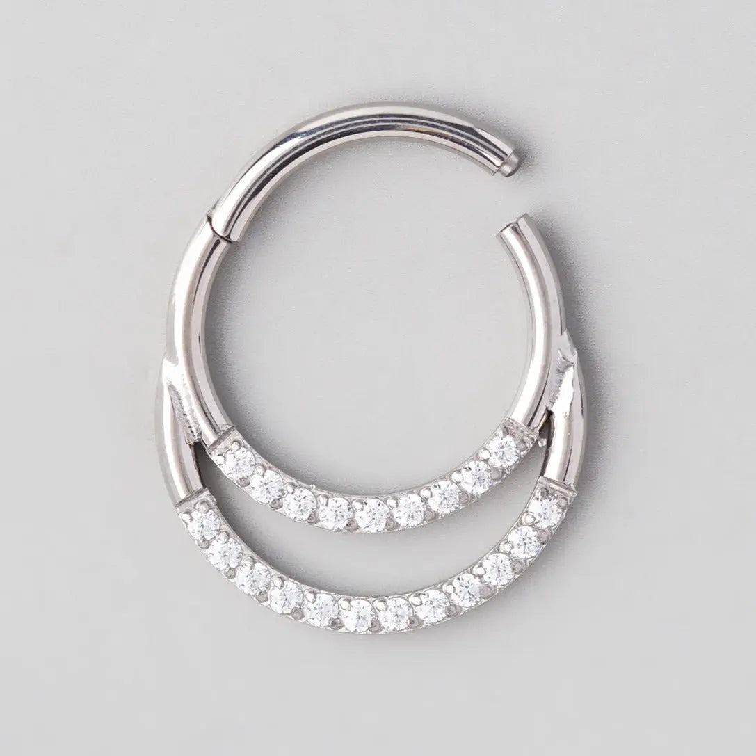 Hinged Segment Ring & Half Hoop Front CZ Face in Silver  - Titanium - Camden Body Jewellery
