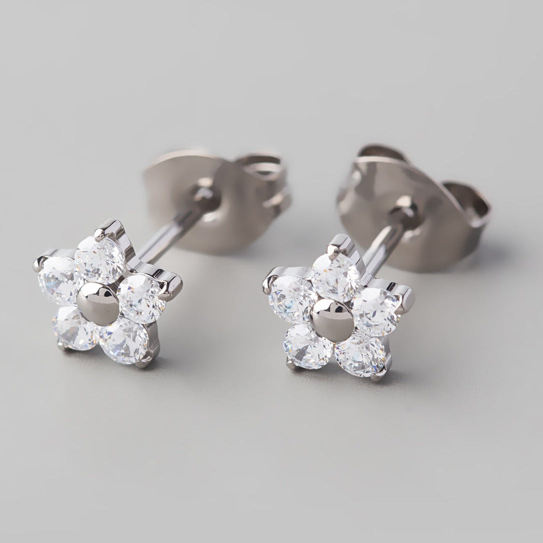 Flower Clear CZ Stud Earrings in Silver - Titanium - Camden Body Jewellery