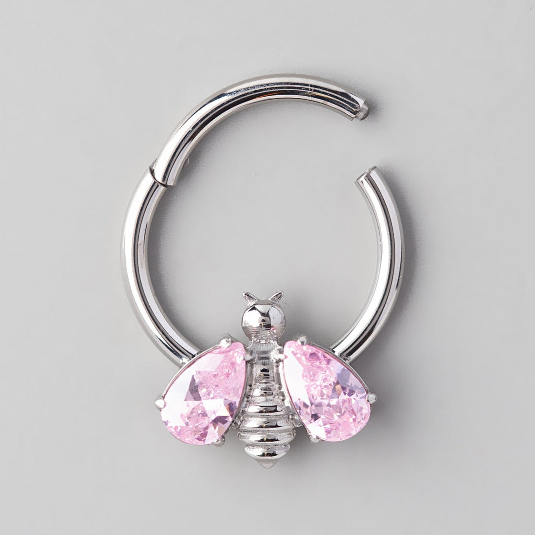 Hinged Segment Ring Bee CZ Wings in Pink Gem - Titanium - Camden Body Jewellery