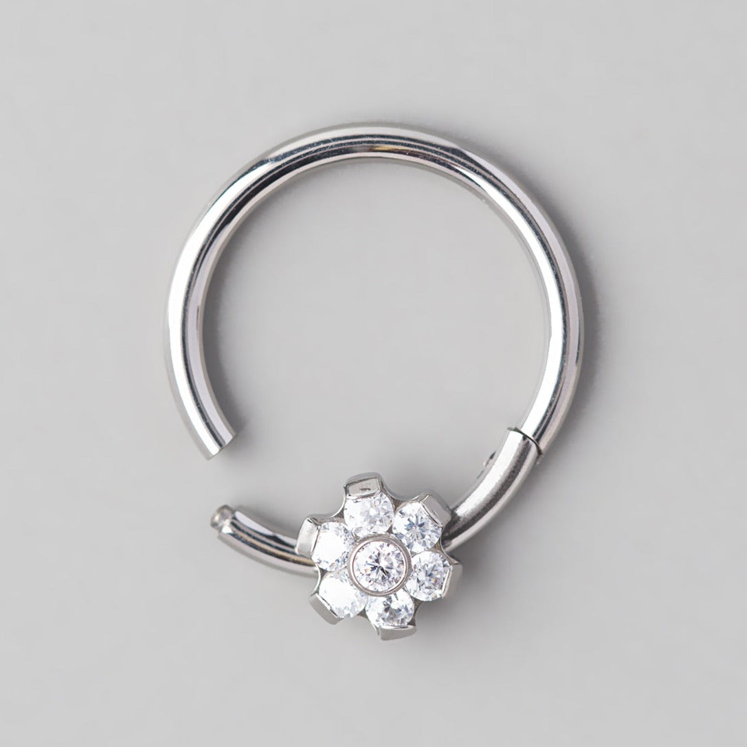 Hinged Segment Ring 6 CZ Flower in Silver  - Titanium - Camden Body Jewellery