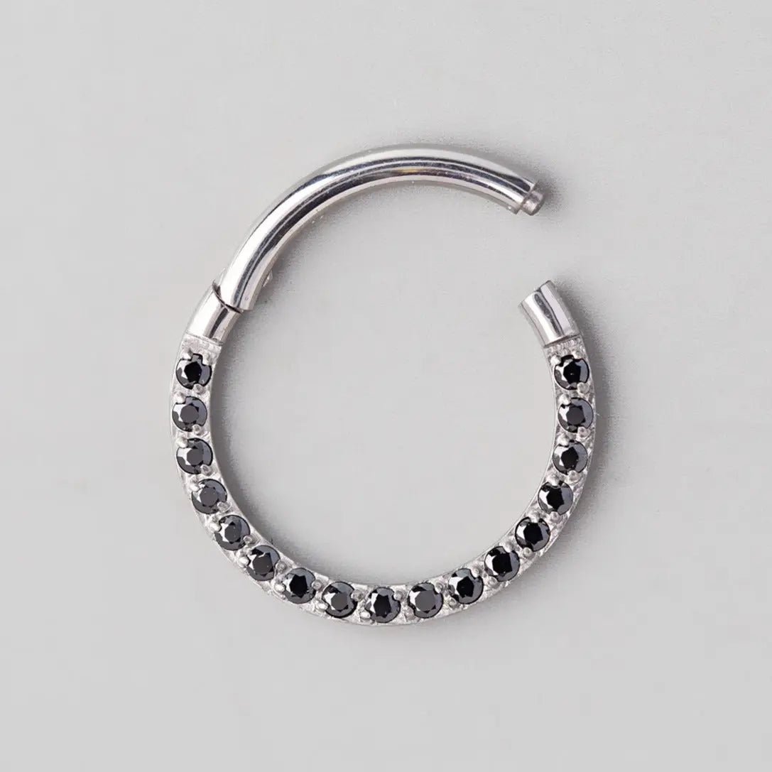 Hinged Segment Ring Front Face Black CZ n Silver - Titanium - Camden Body Jewellery