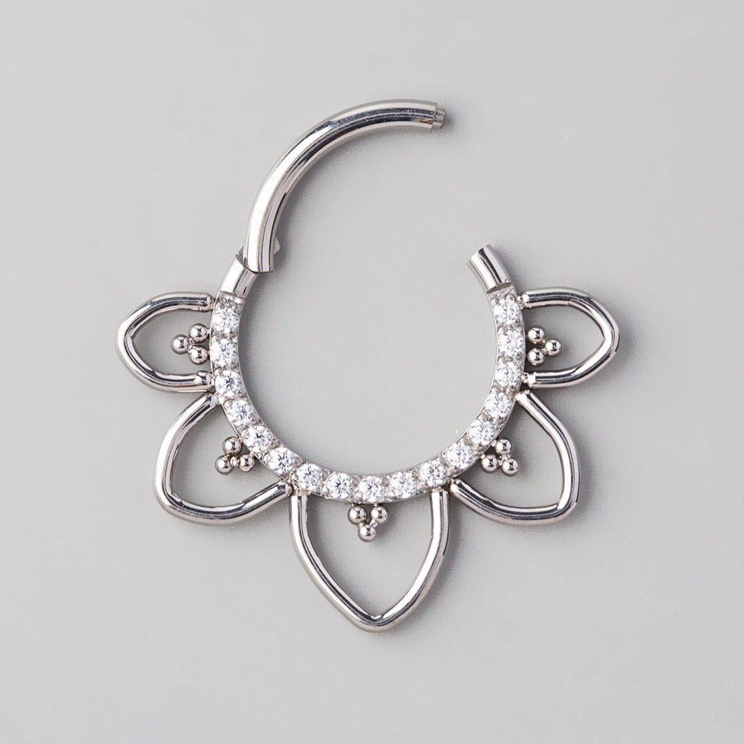 Hinged Segment Ring Floral CZ Paved Face in Silver - Titanium - Camden Body Jewellery