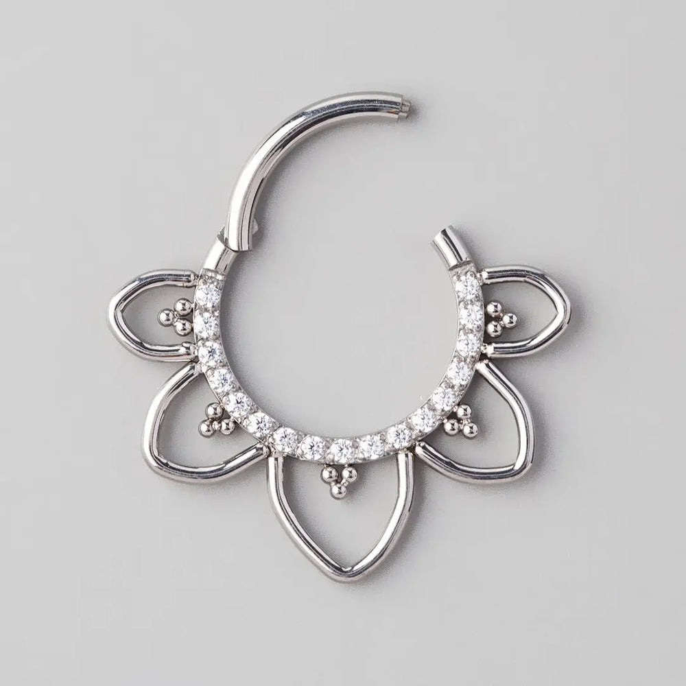 Hinged Segment Ring Floral CZ Paved Face in Silver - Titanium