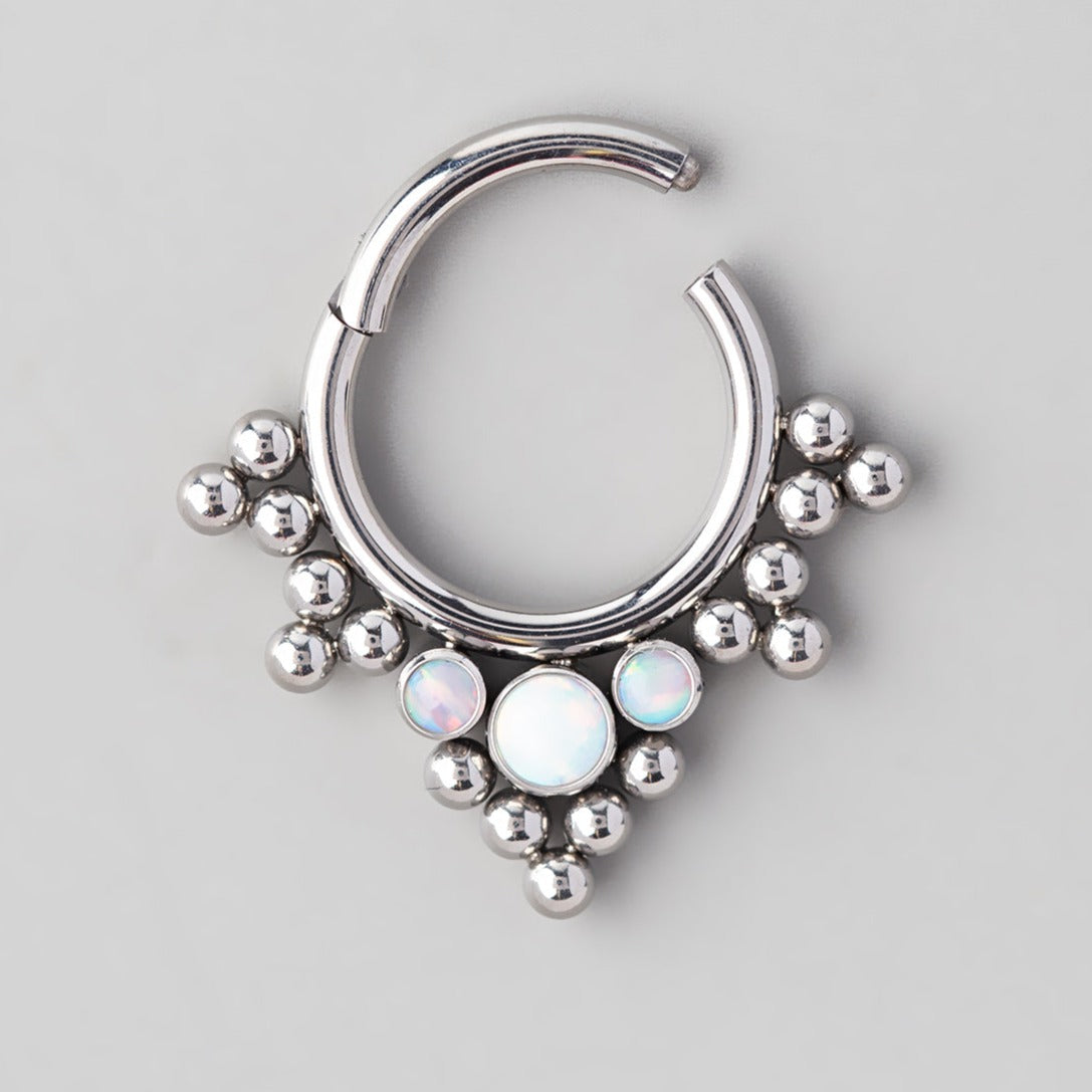 Hinged Segment Ring 5 Tri-Bead Cluster Triple White Opal Stone - Titanium - Camden Body Jewellery