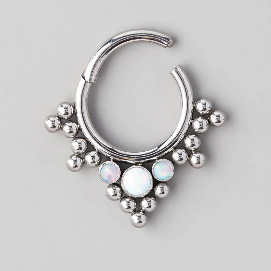 Hinged Segment Ring 5 Tri-Bead Cluster Triple White Opal Stone - Titanium - Camden Body Jewellery