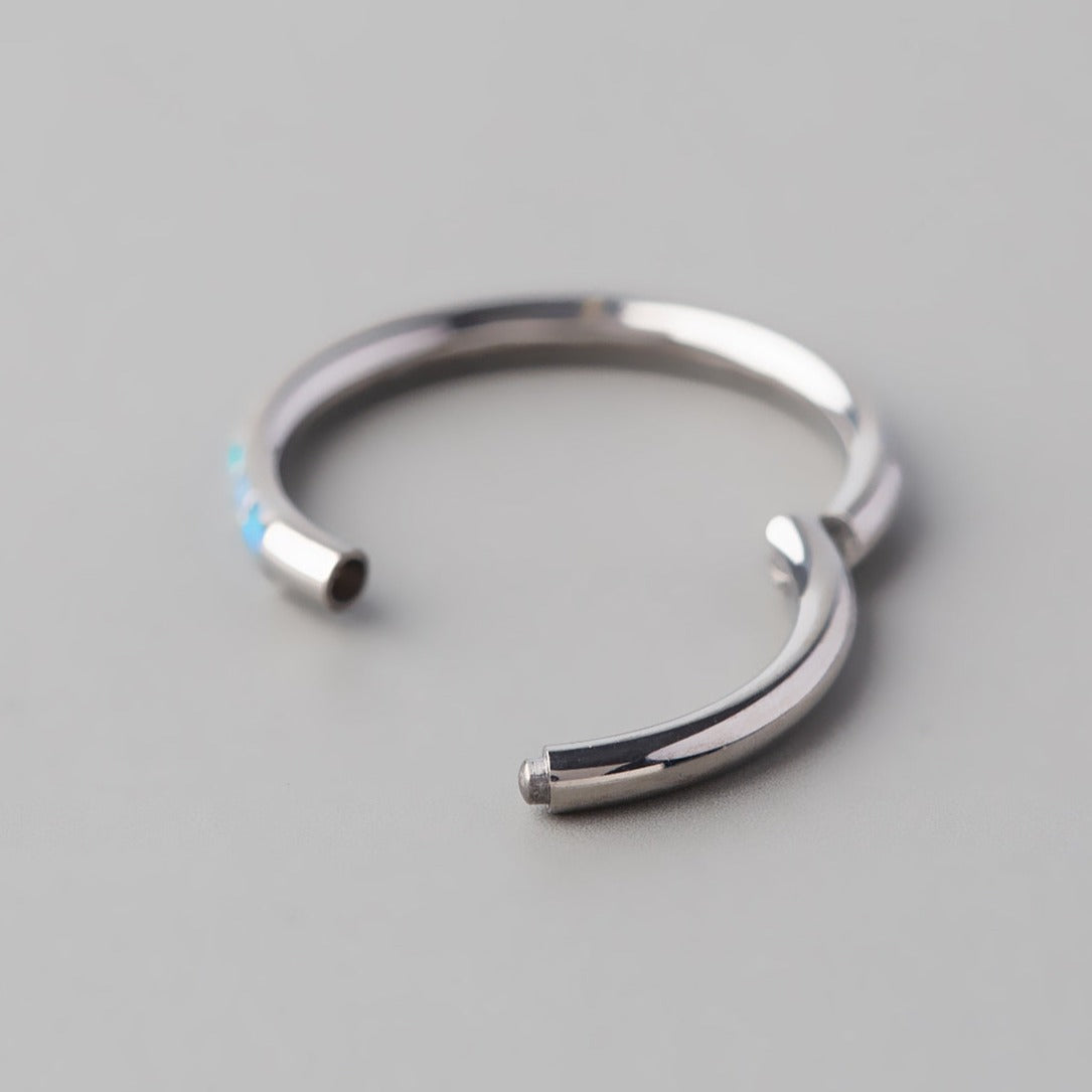 Hinged Segment Ring Blue Opal Side Stoned Paved Face in Silver - Titanium - Camden Body Jewellery