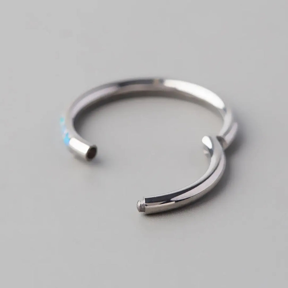 Hinged Segment Ring Blue Opal Side Stoned Paved Face in Silver - Titanium