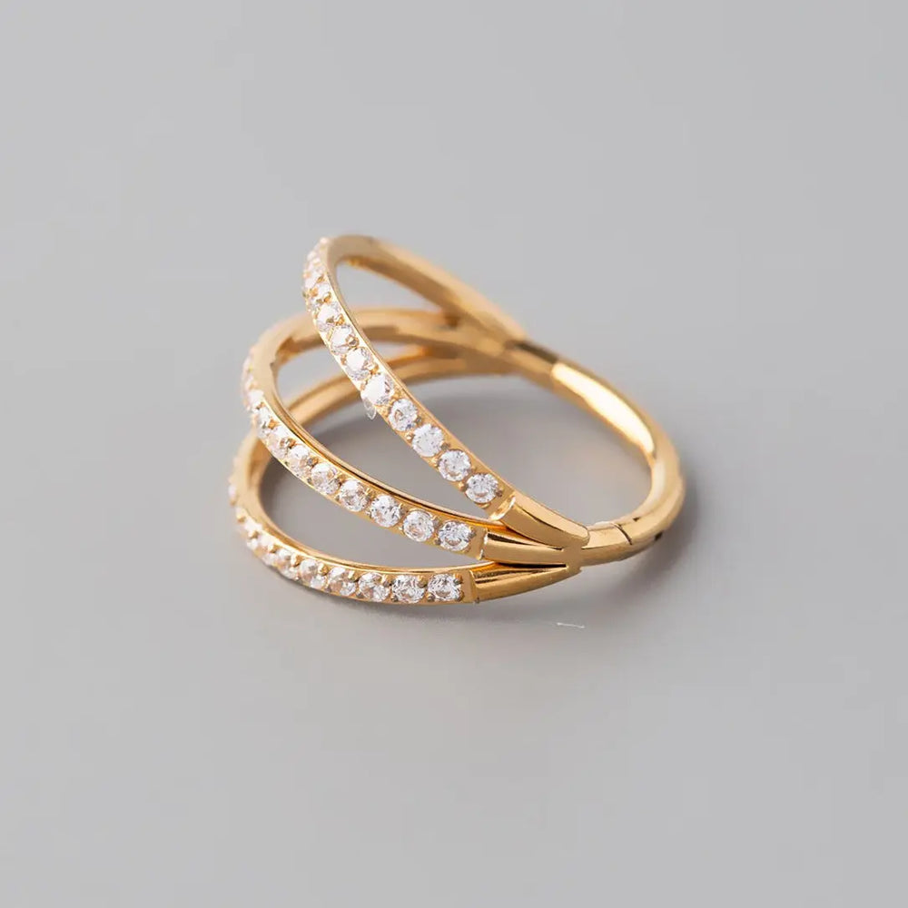 Hinged Segment Ring Triple Stack CZ Faced in Gold - Titanium