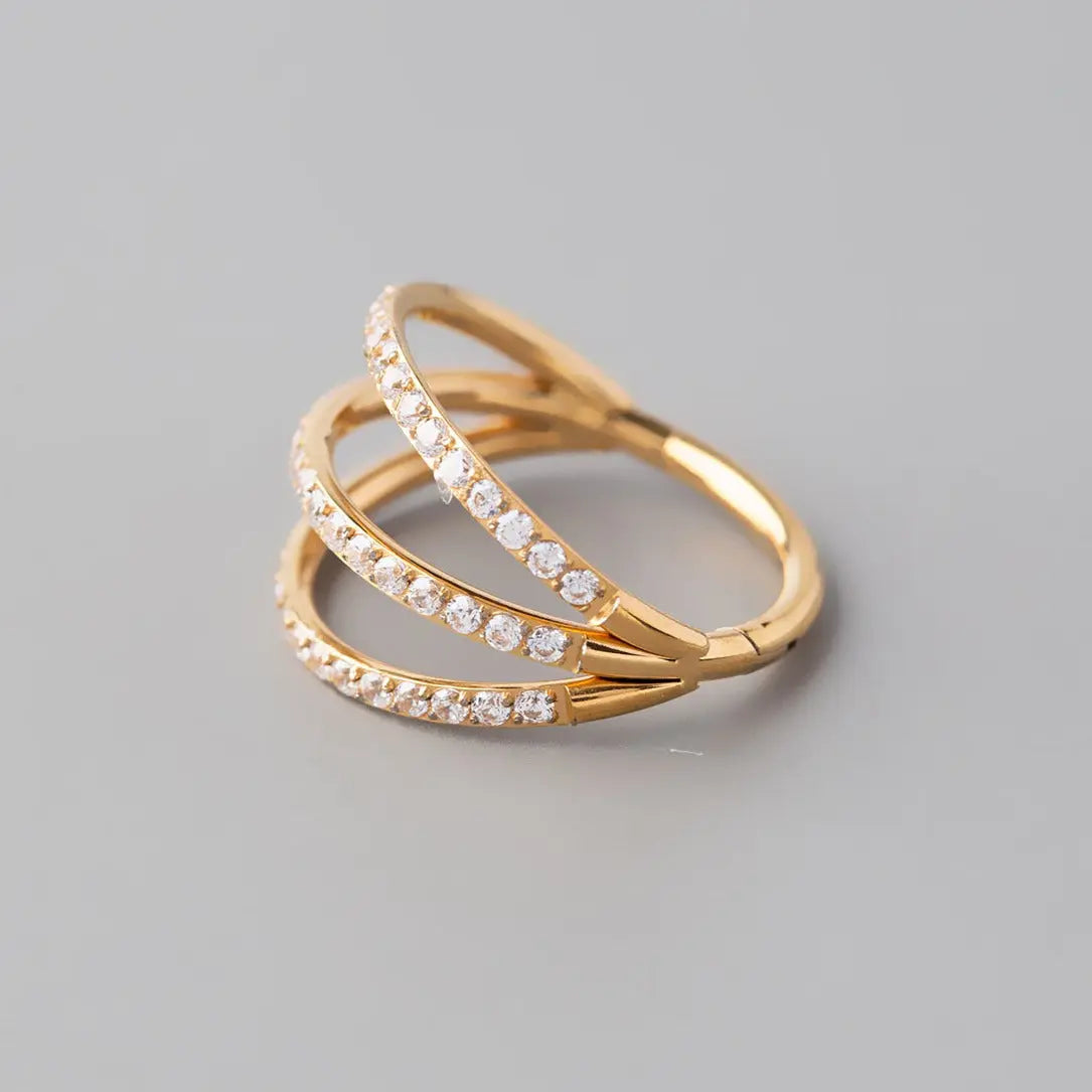 Hinged Segment Ring Triple Stack CZ Faced in Gold - Titanium - Camden Body Jewellery