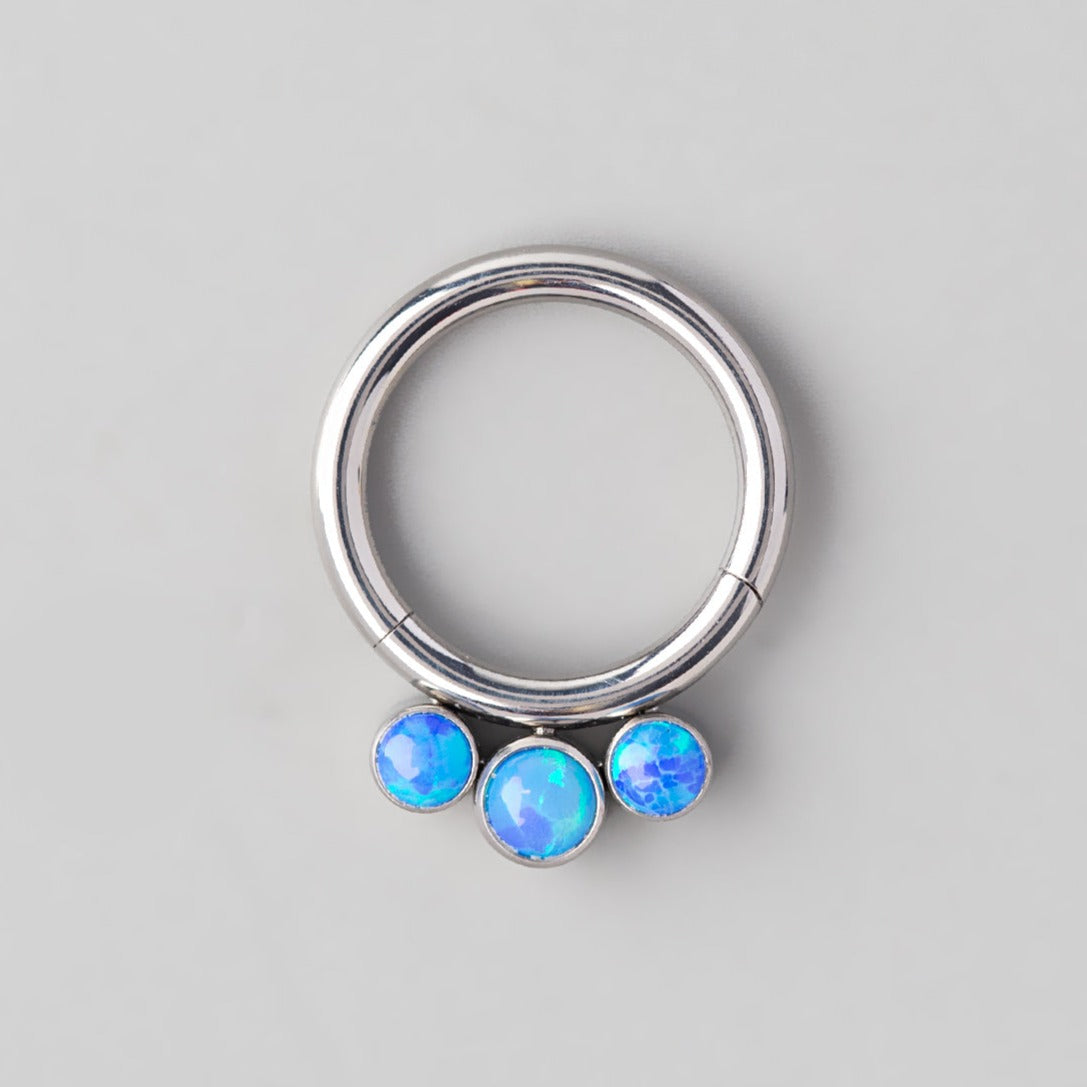 Hinged Segment Ring with Triple Blue Opal Jewels - Titanium - Camden Body Jewellery