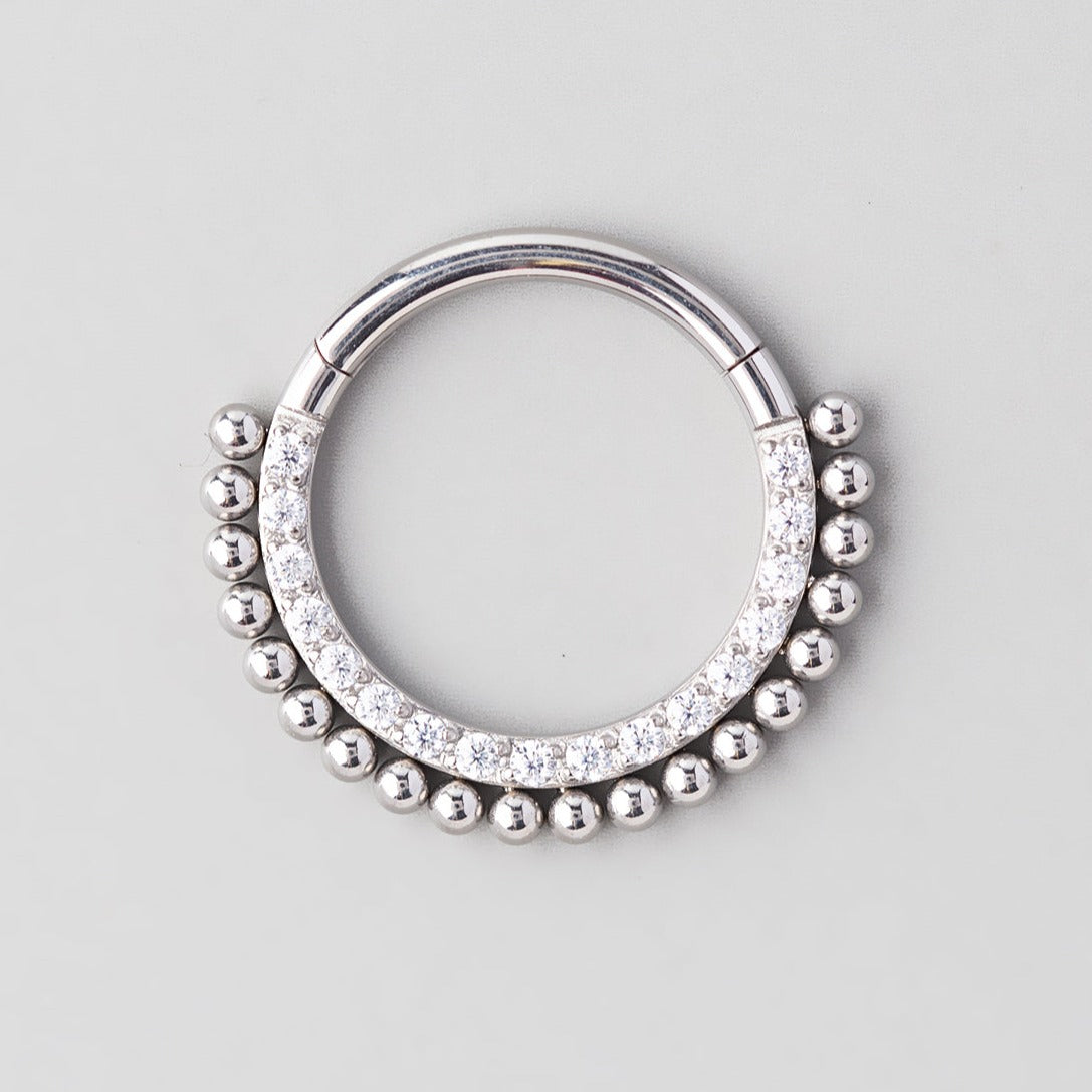 Hinged Segment Ring Front Face CZ with Balls Weld in Silver  - Titanium - Camden Body Jewellery