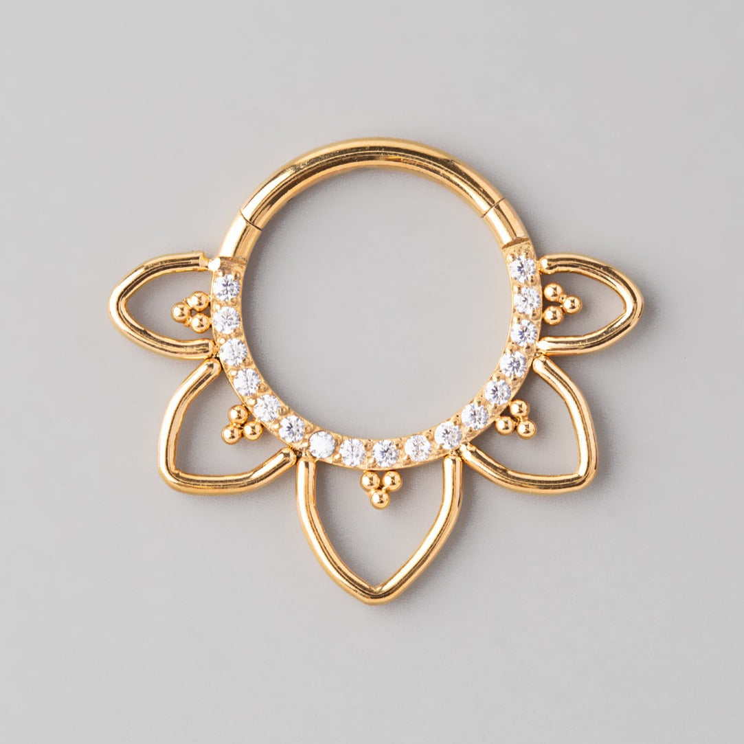 Hinged Segment Ring Floral CZ Paved Face in Gold - Titanium - Camden Body Jewellery