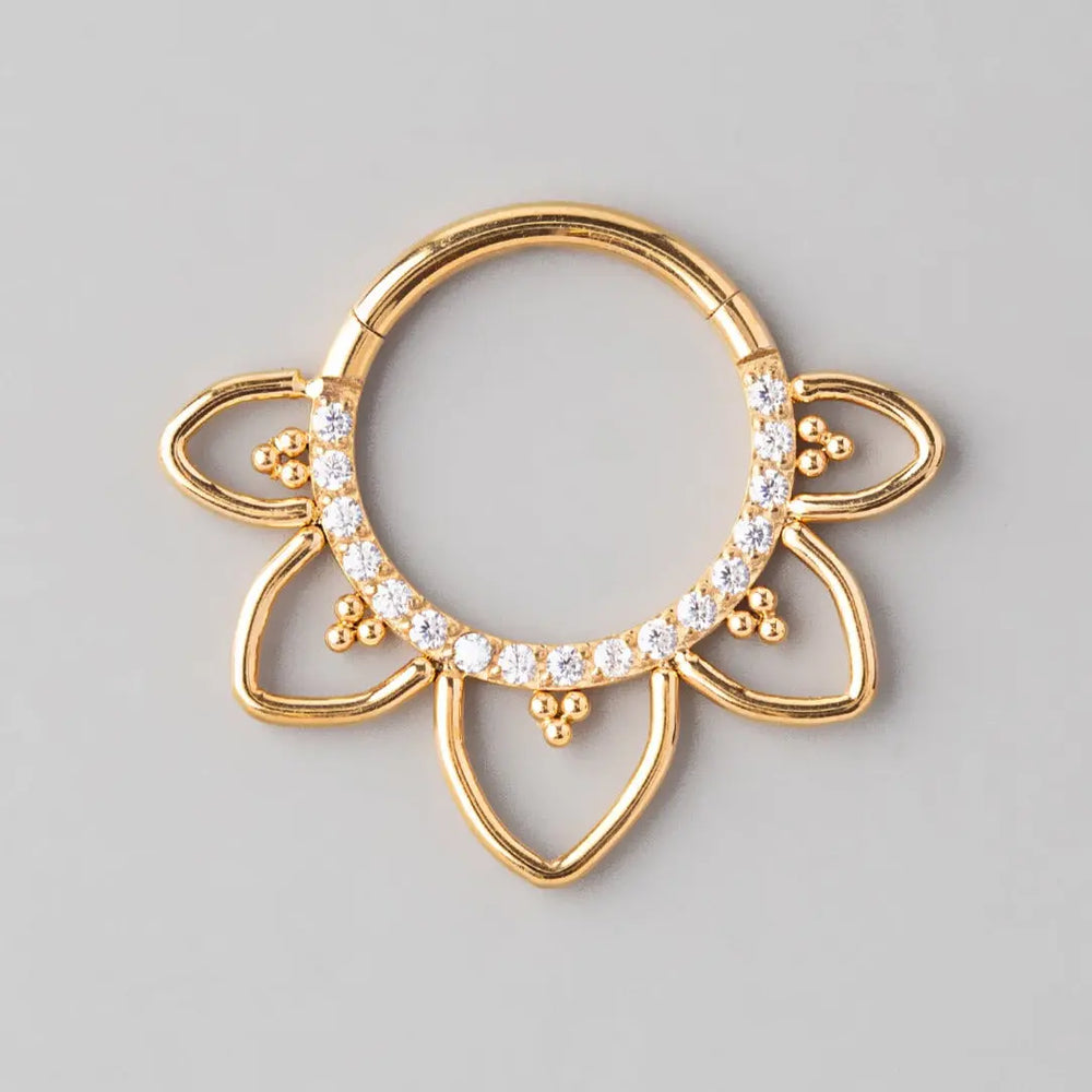 Hinged Segment Ring Floral CZ Paved Face in Gold - Titanium