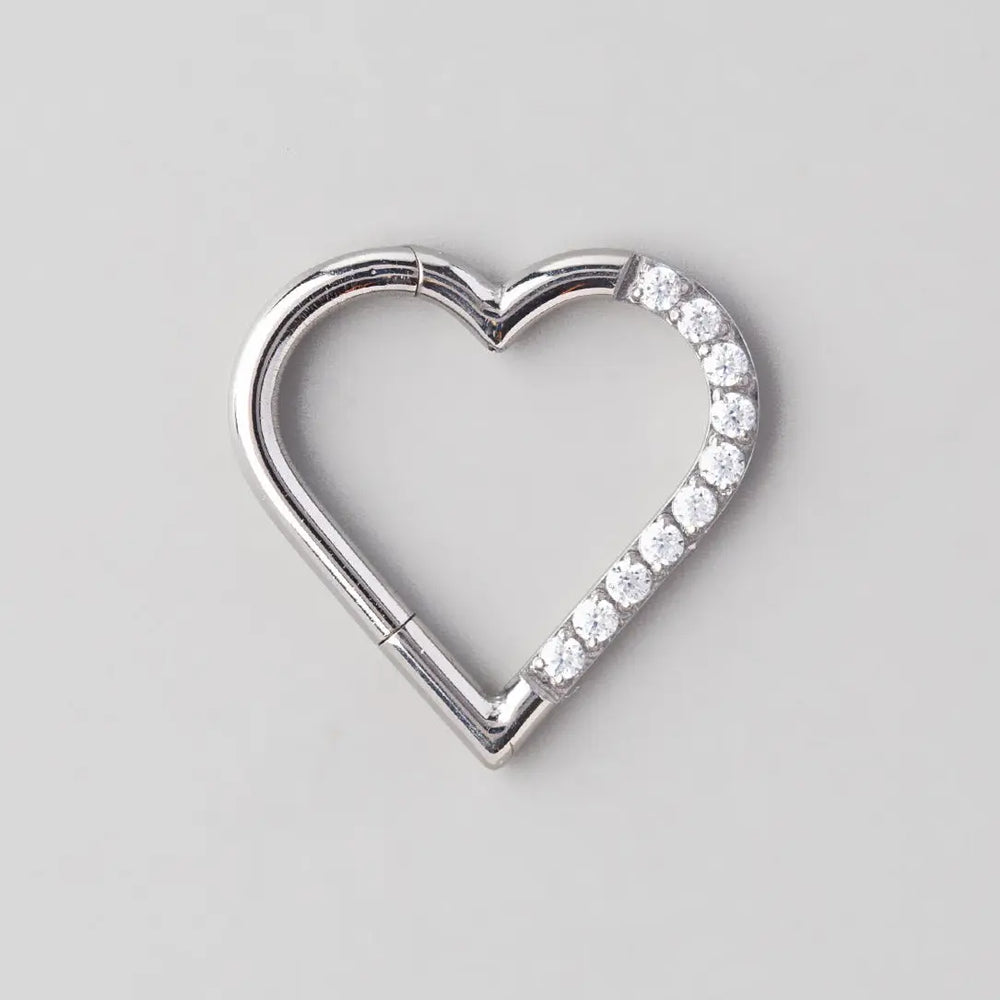 Hinged Segment Ring Heart Shape CZ Pave in Silver - Titanium