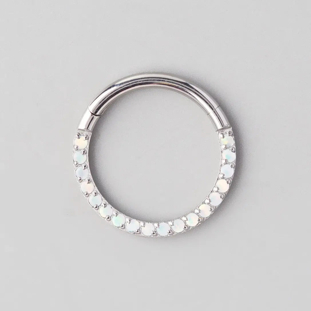 Hinged Segment Ring Front Face CZ in White Opal - Titanium - Camden Body Jewellery