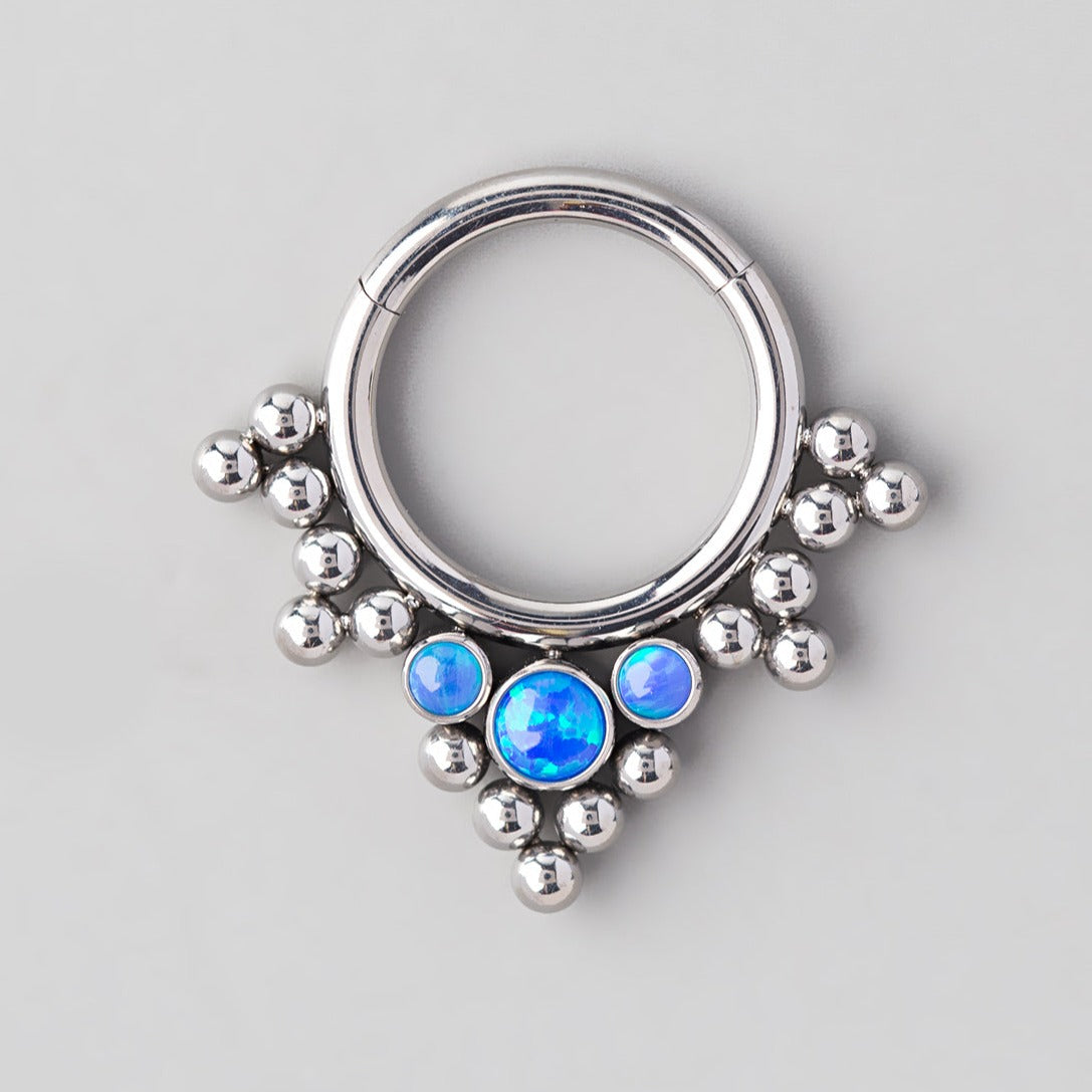 Hinged Segment Ring 5 Tri-Bead Cluster Triple Blue Opal Stone - Titanium - Camden Body Jewellery