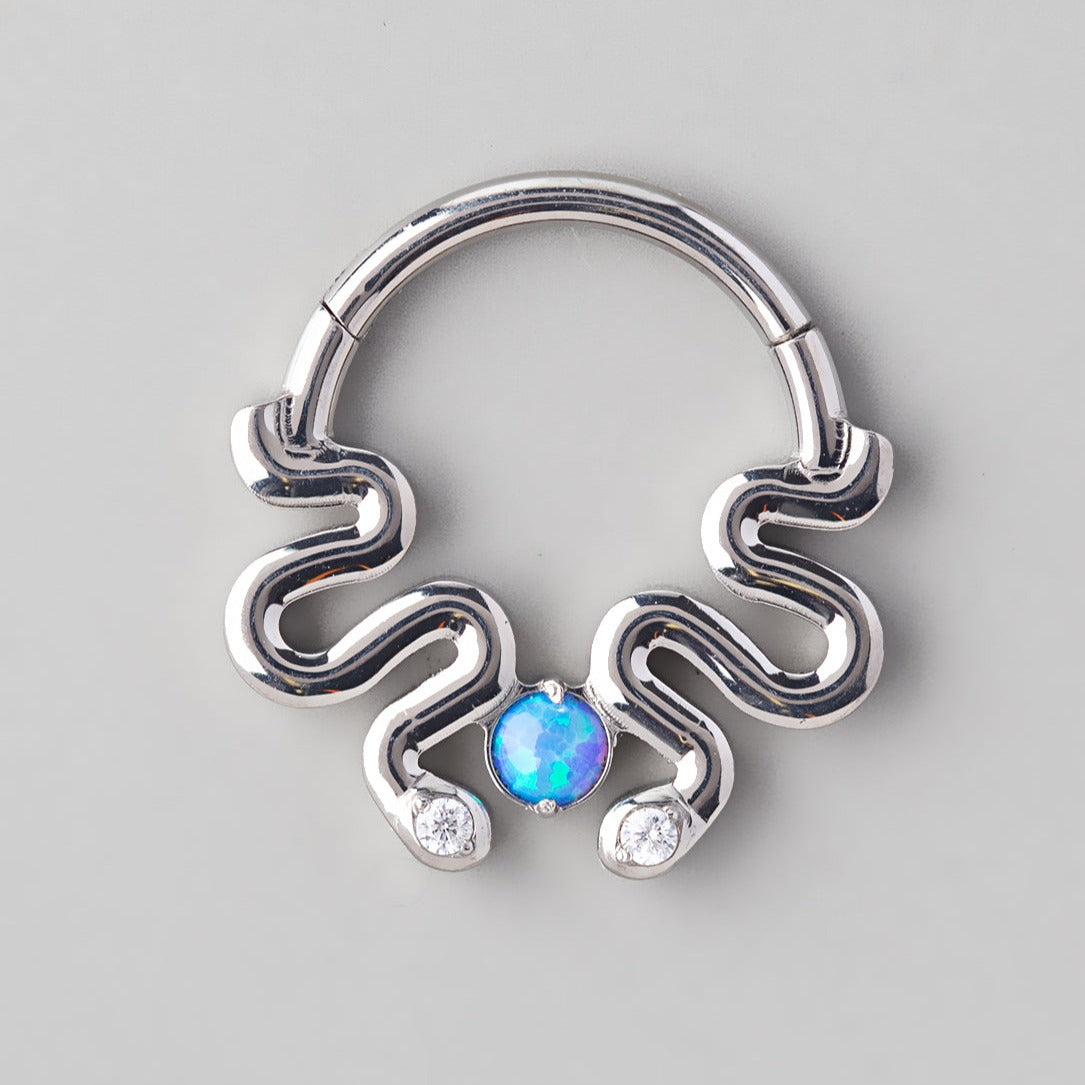 Hinged Segment Ring Double Snake Blue Opal Gem Centre - Titanium - Camden Body Jewellery