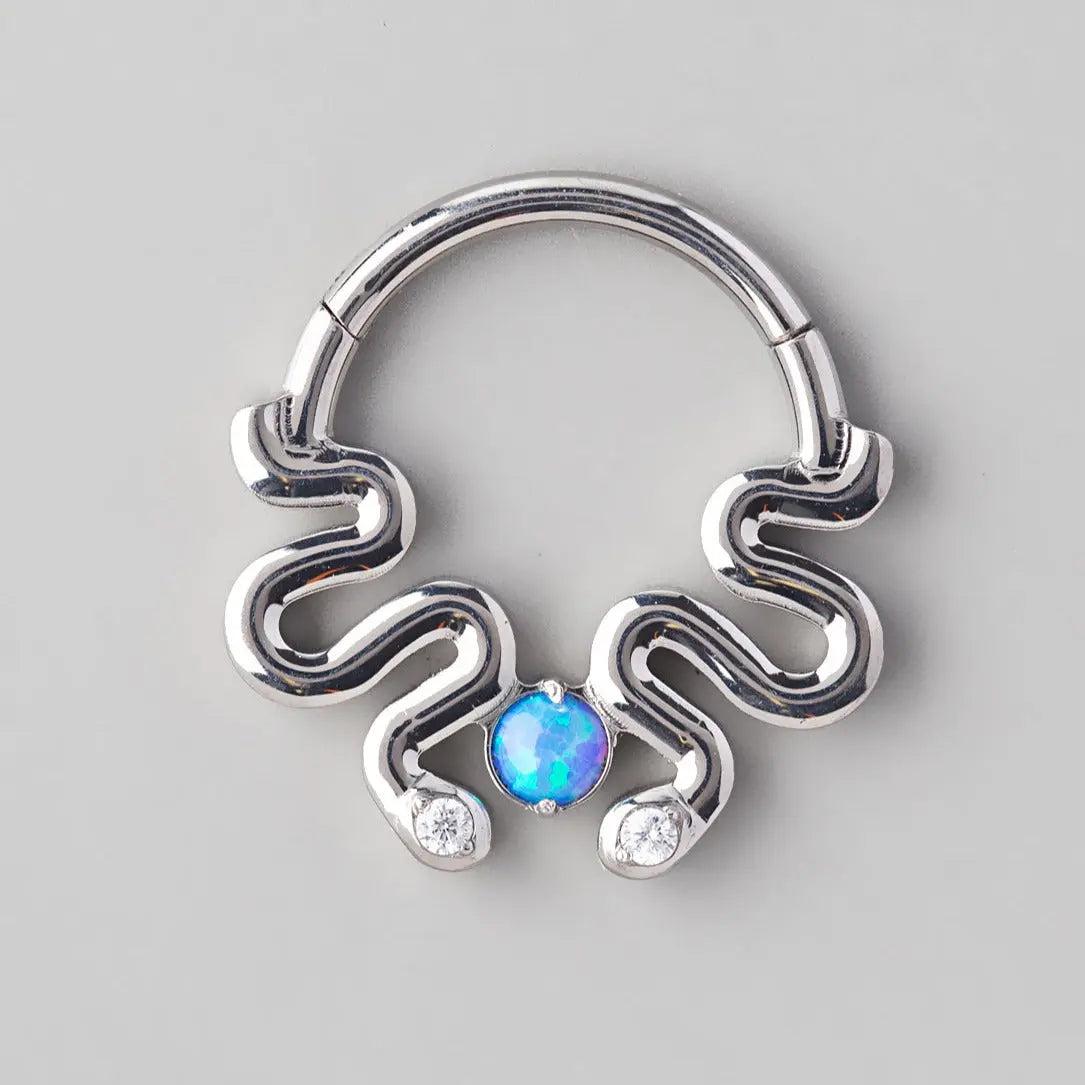 Hinged Segment Ring Double Snake Blue Opal Gem Centre - Titanium - Camden Body Jewellery