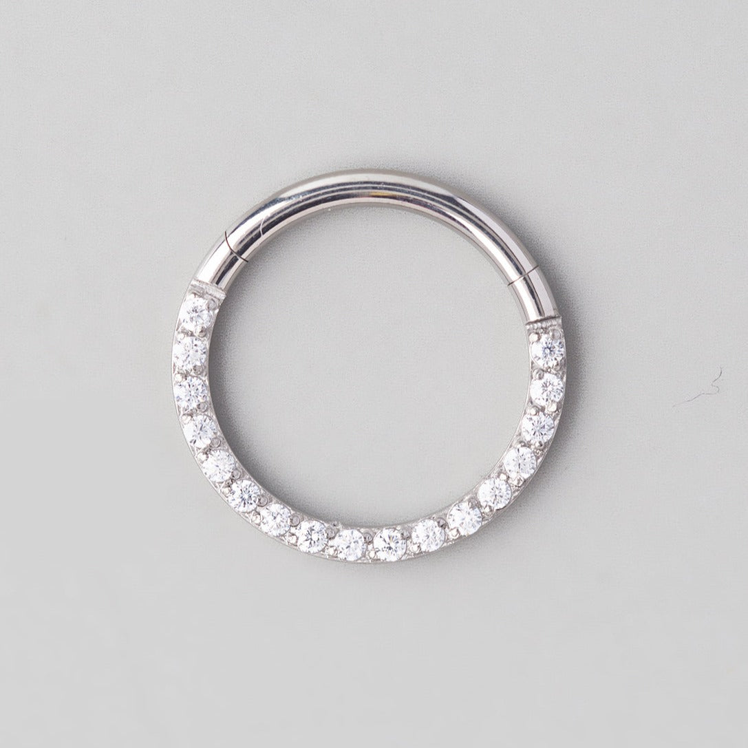 Hinged Segment Ring Front Face CZ in Silver - Titanium - Camden Body Jewellery