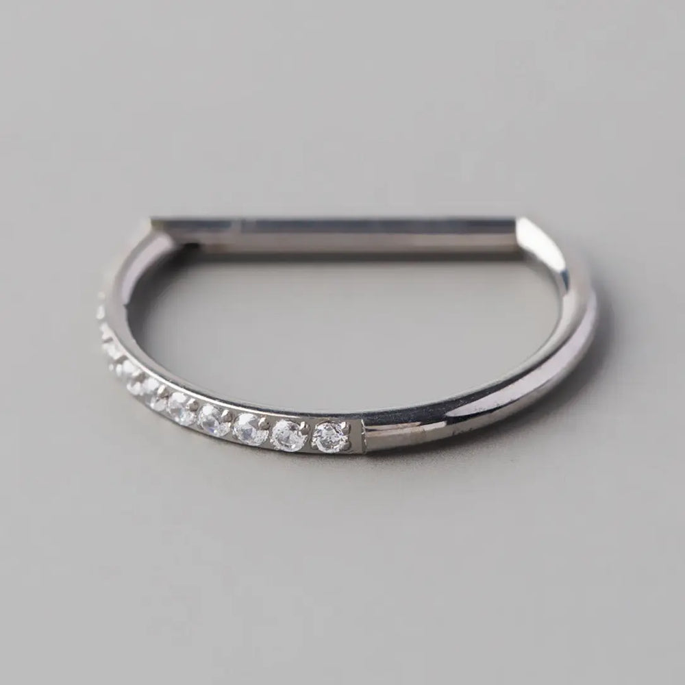 Hinged Segment Ring D Shape Half Side CZ Paved in Silver - Titanium