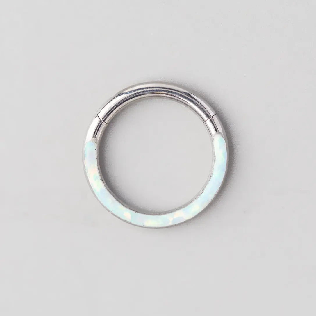 Hinged Segment Ring Front Face in White Opal Stone - Titanium - Camden Body Jewellery