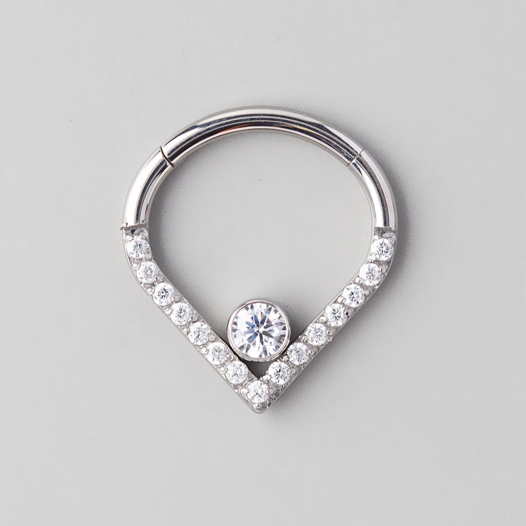 Hinged Segment Ring Heart Shape CZ Clear Gem in Silver - Titanium - Camden Body Jewellery