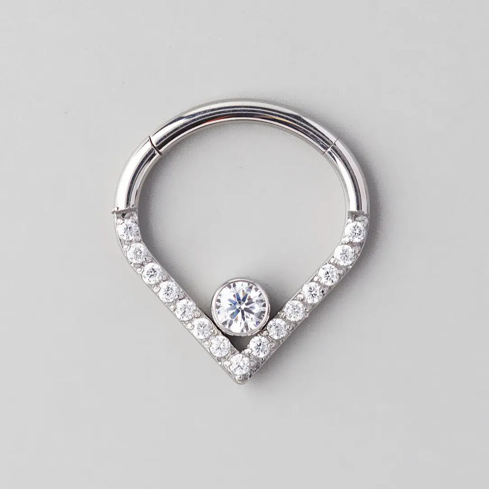 Hinged Segment Ring Heart Shape CZ Clear Gem in Silver - Titanium