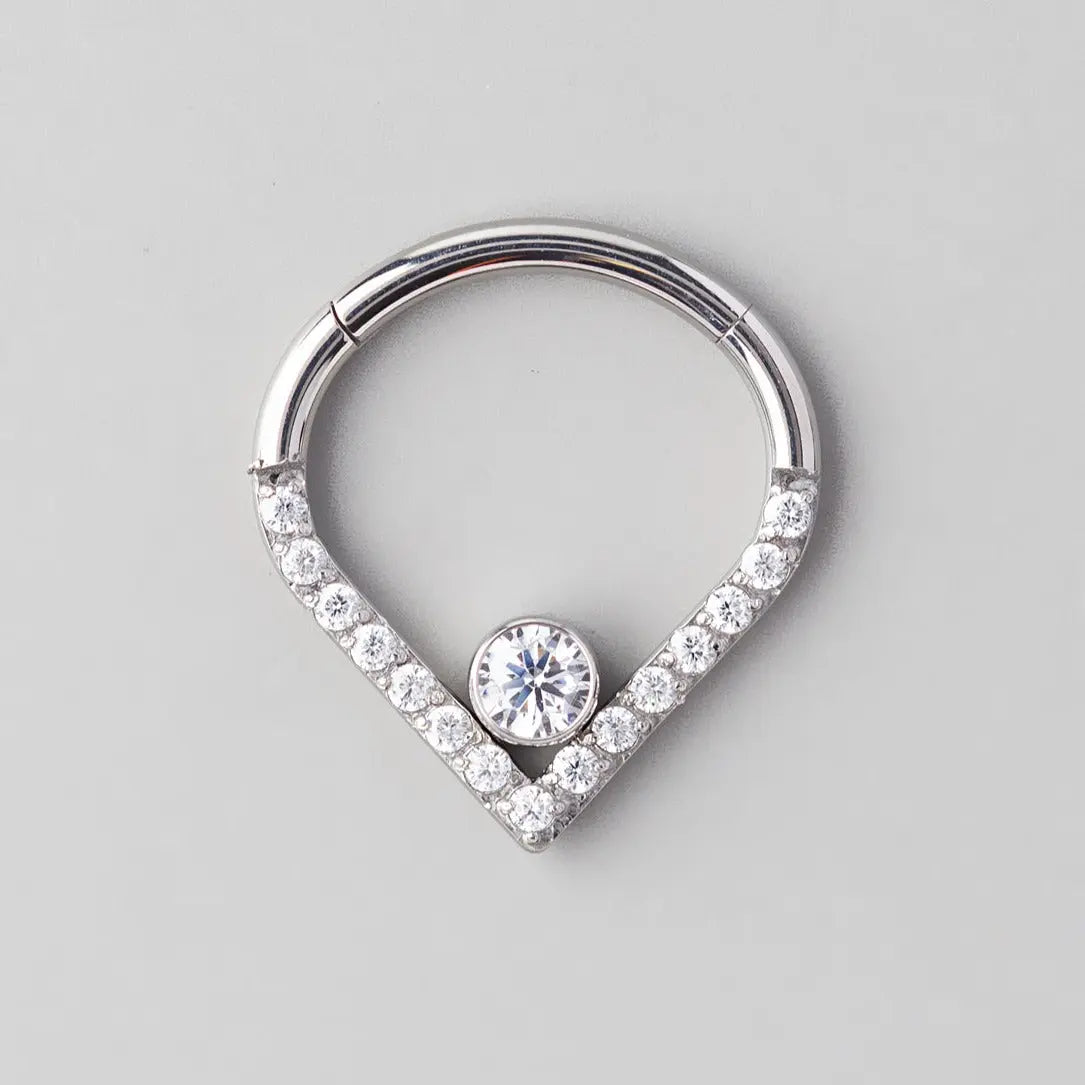 Hinged Segment Ring Heart Shape CZ Clear Gem in Silver - Titanium - Camden Body Jewellery
