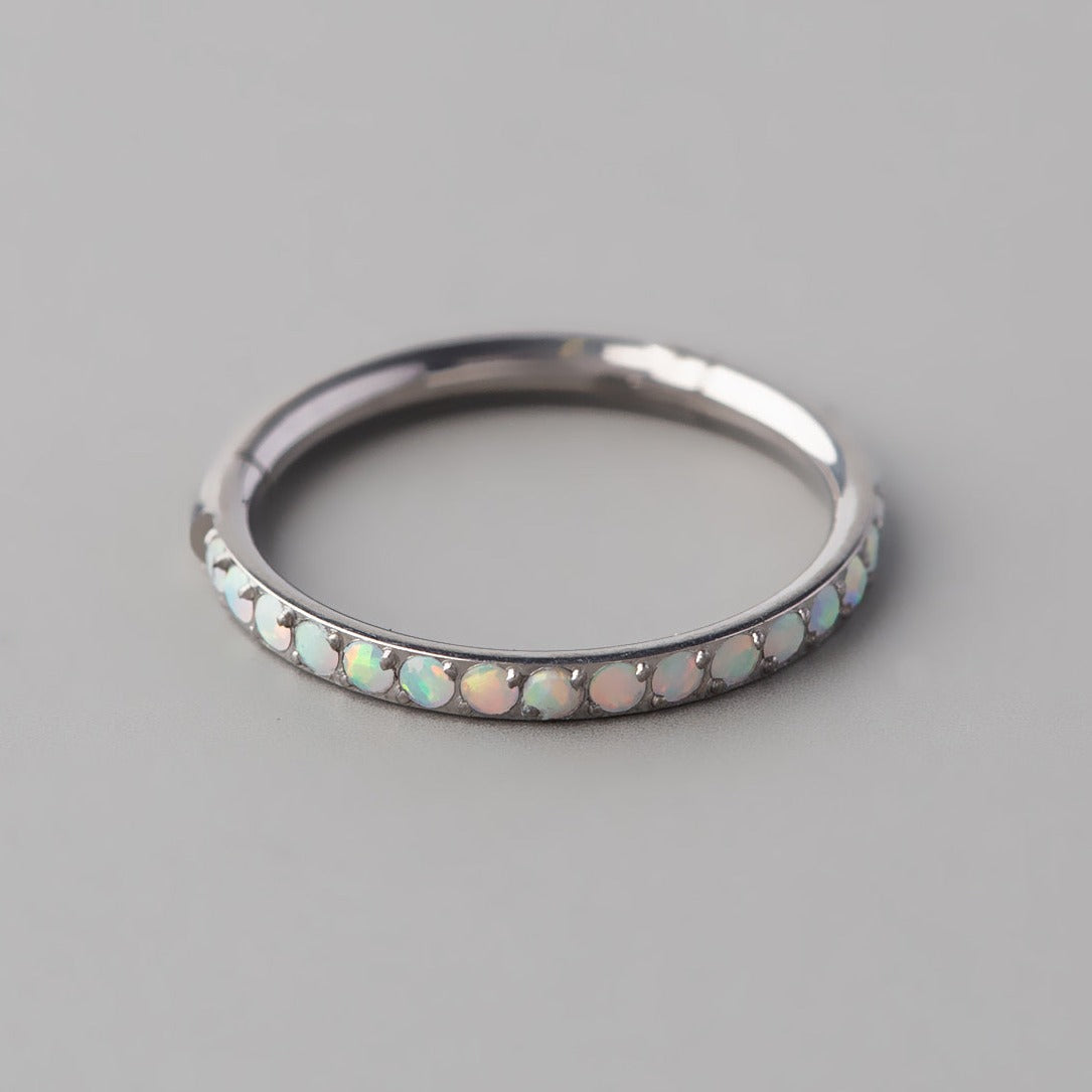 Hinged Segment Ring White Opal Side Stoned Paved Face in Silver - Titanium - Camden Body Jewellery