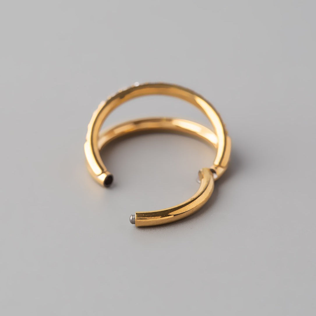 Hinged Segment Ring Double Stack CZ Faced in Gold - Titanium - Camden Body Jewellery