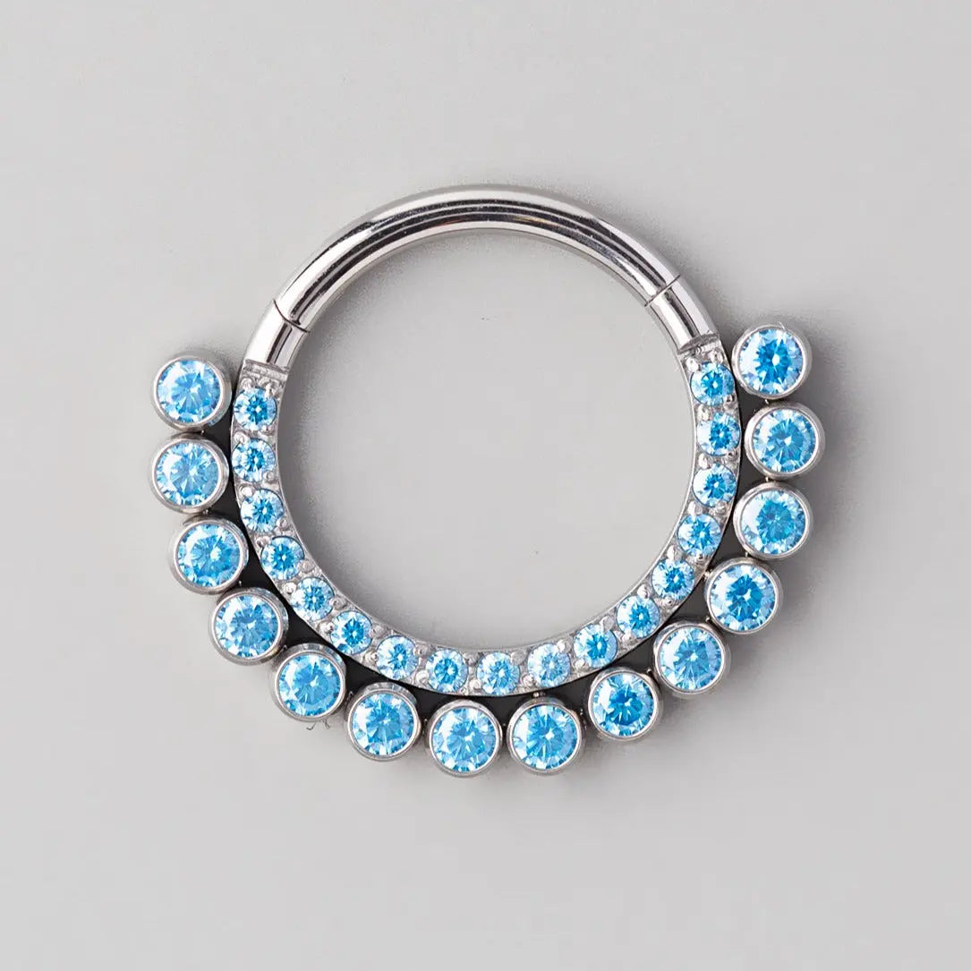 Hinged Segment Ring CZ Face & Bezel CZ Line Up in Aqua - Titanium - Camden Body Jewellery