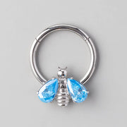 Hinged Segment Ring Bee CZ Wings in Aqua Gem - Titanium - Camden Body Jewellery