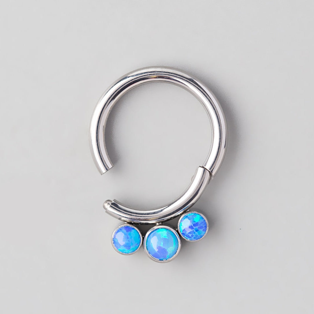 Hinged Segment Ring with Triple Blue Opal Jewels - Titanium - Camden Body Jewellery