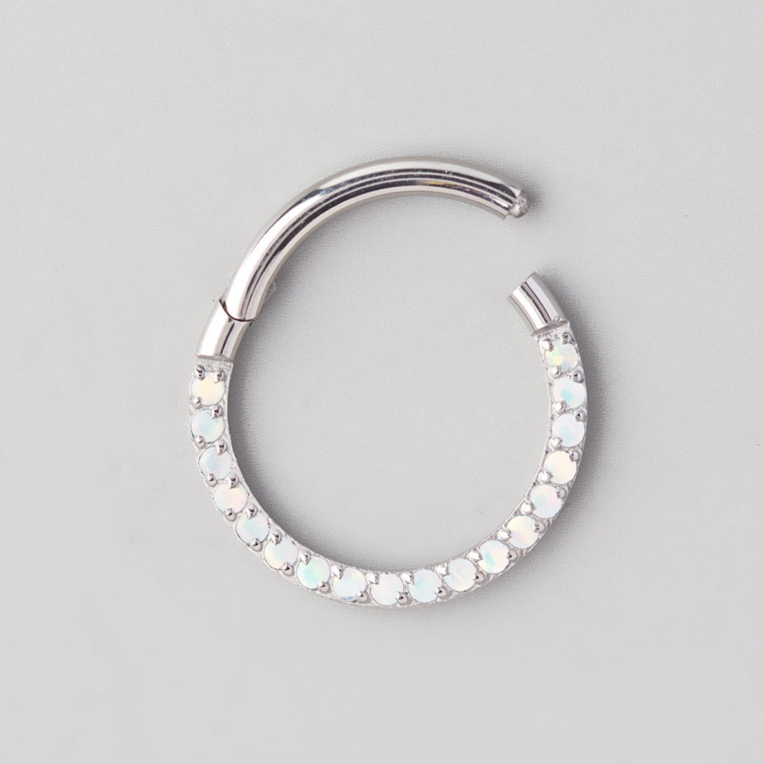 Hinged Segment Ring Front Face CZ in White Opal - Titanium - Camden Body Jewellery