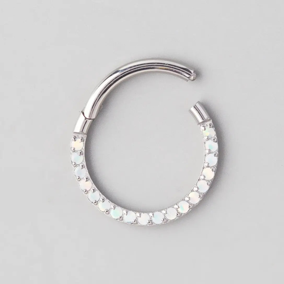 Hinged Segment Ring Front Face CZ in White Opal - Titanium - Camden Body Jewellery