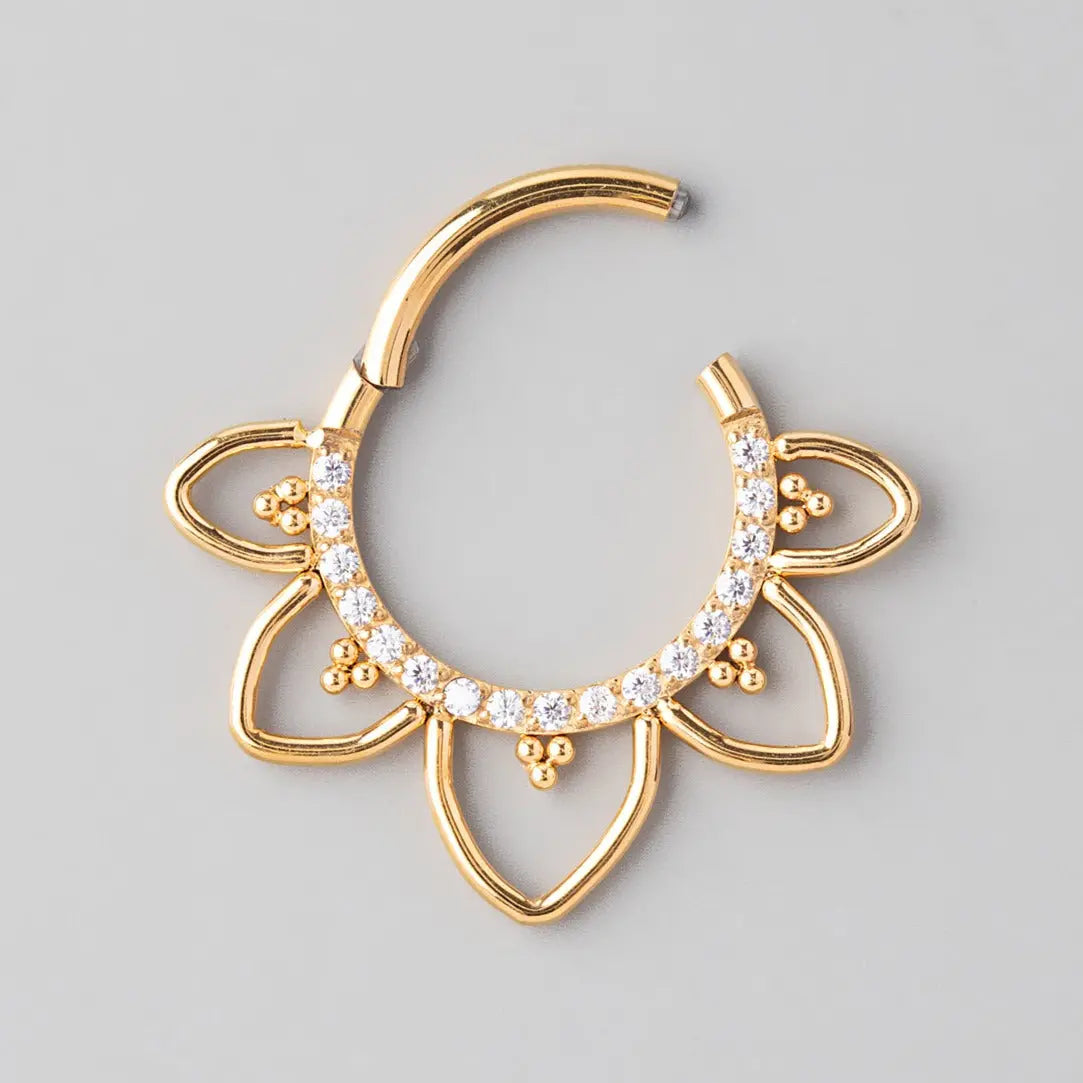 Hinged Segment Ring Floral CZ Paved Face in Gold - Titanium - Camden Body Jewellery