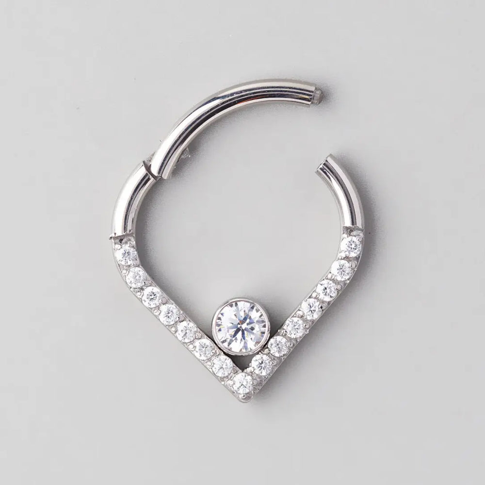 Hinged Segment Ring Heart Shape CZ Clear Gem in Silver - Titanium