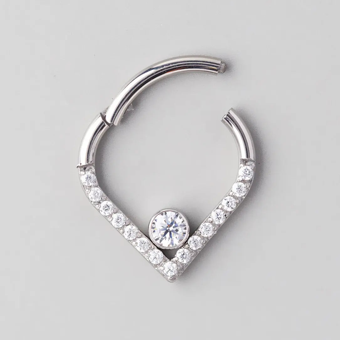 Hinged Segment Ring Heart Shape CZ Clear Gem in Silver - Titanium - Camden Body Jewellery