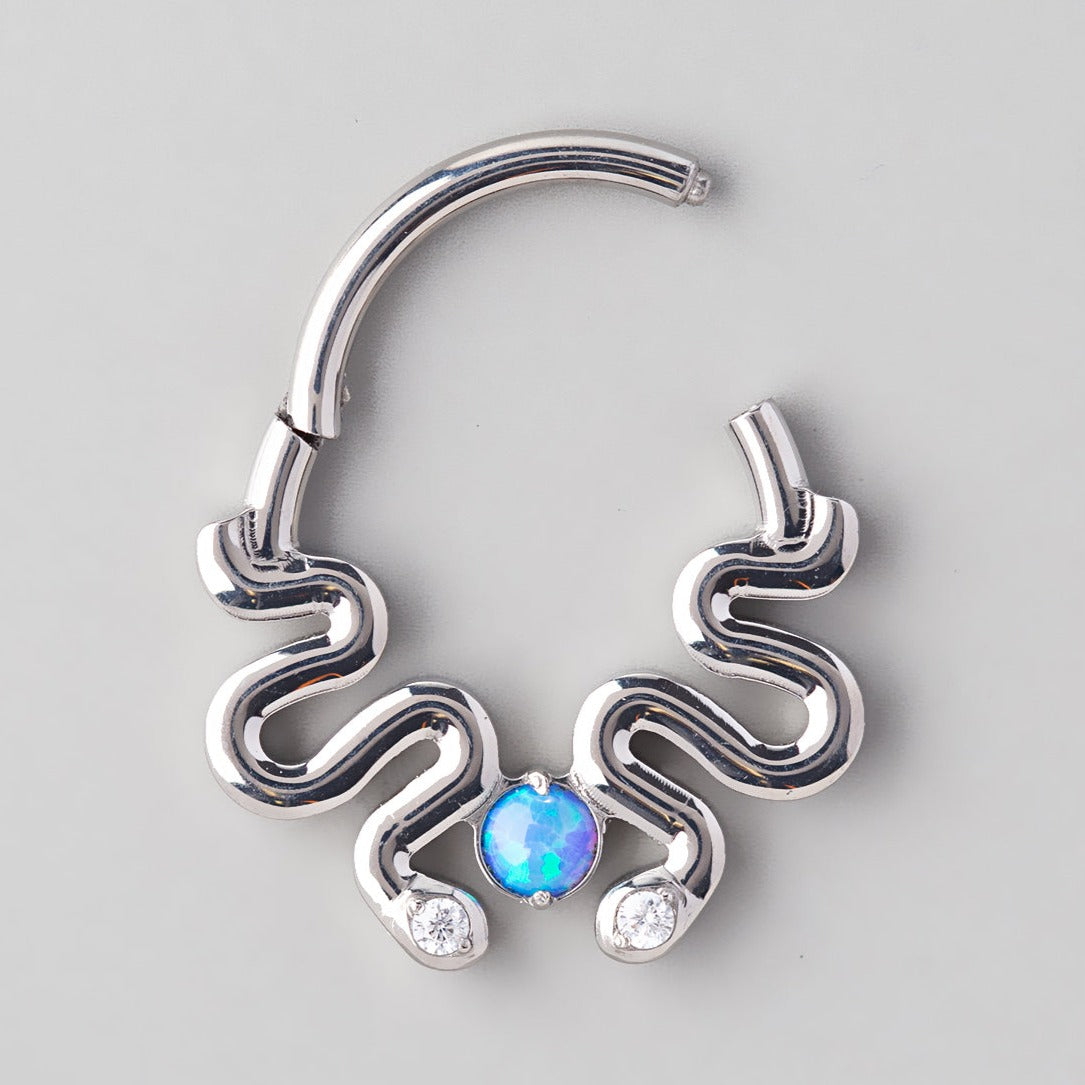 Hinged Segment Ring Double Snake Blue Opal Gem Centre - Titanium - Camden Body Jewellery