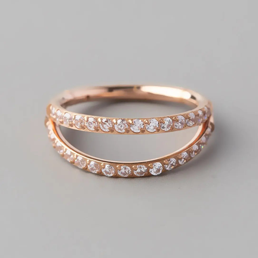 Hinged Segment Ring Double Stack CZ Faced in Rose Gold - Titanium - Camden Body Jewellery