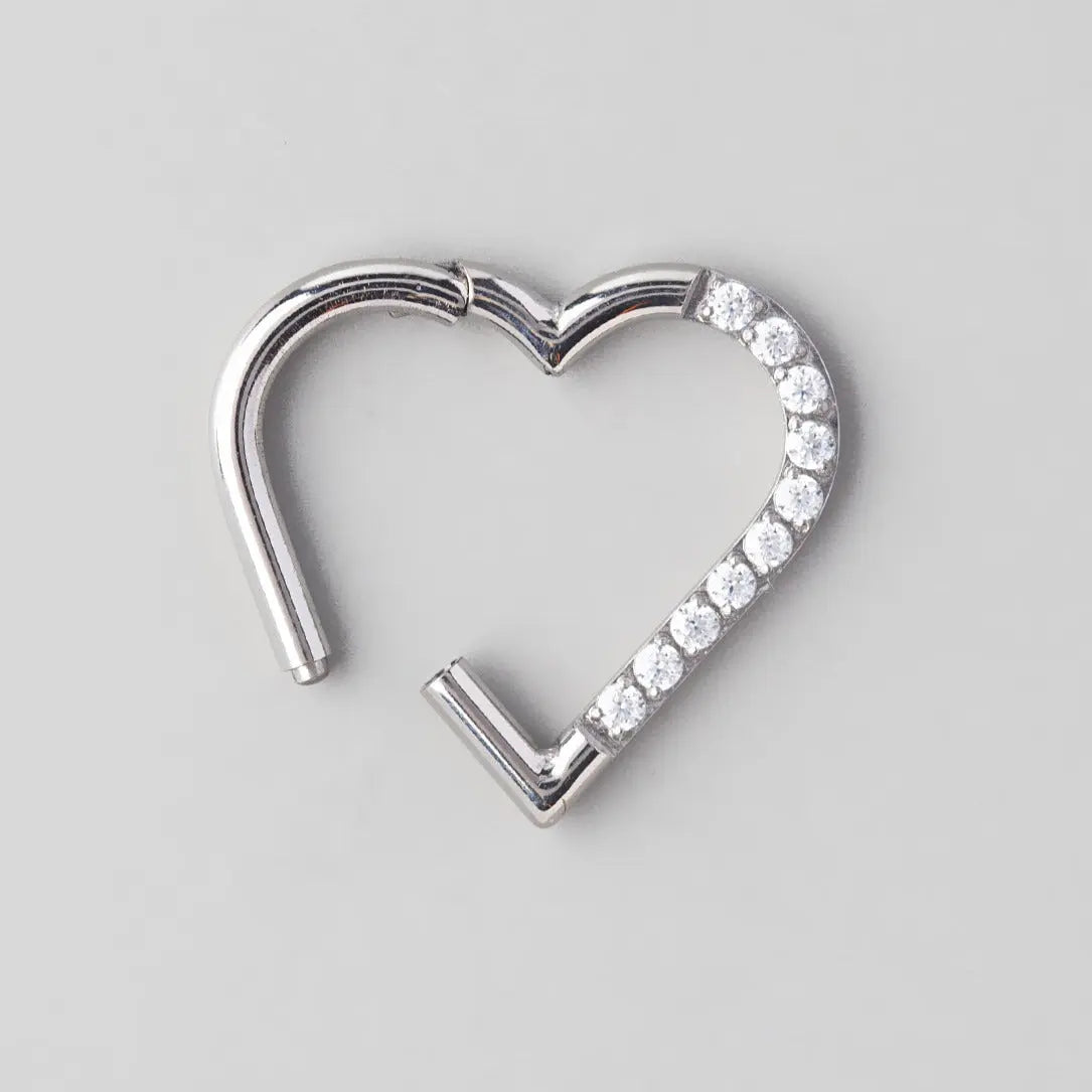 Hinged Segment Ring Heart Shape CZ Pave in Silver - Titanium - Camden Body Jewellery