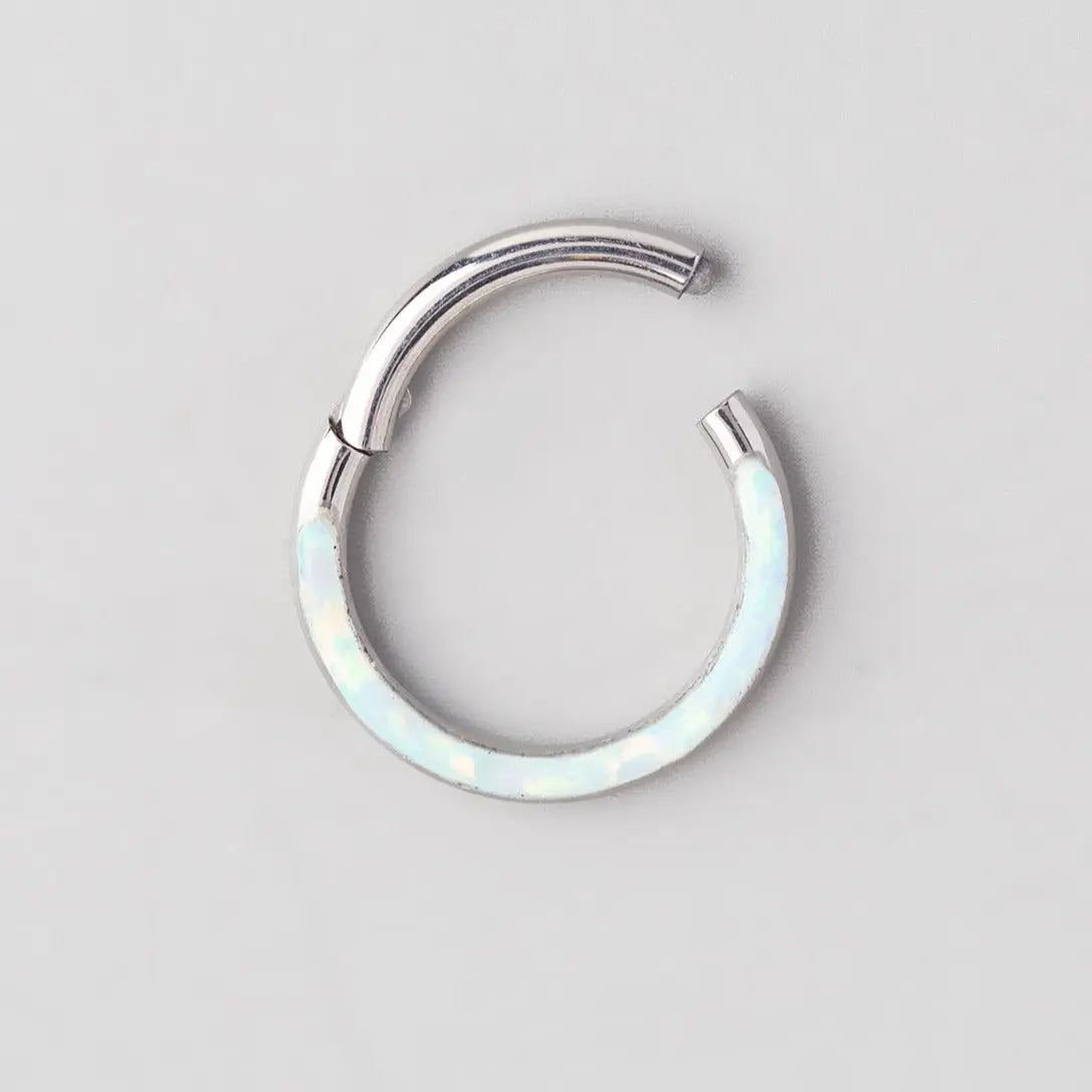 Hinged Segment Ring Front Face in White Opal Stone - Titanium - Camden Body Jewellery