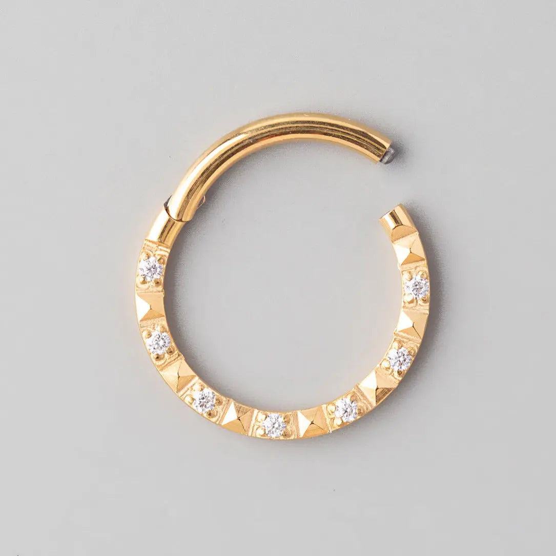 Hinged Segment Ring Front Face CZ Square Cut in Gold - Titanium - Camden Body Jewellery
