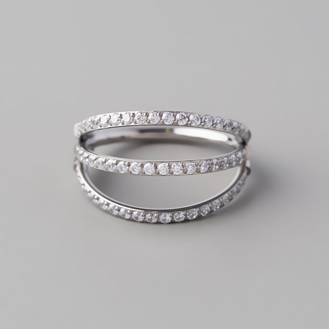 Hinged Segment Ring Triple Stack Clear CZ Faced in Silver - Titanium - Camden Body Jewellery