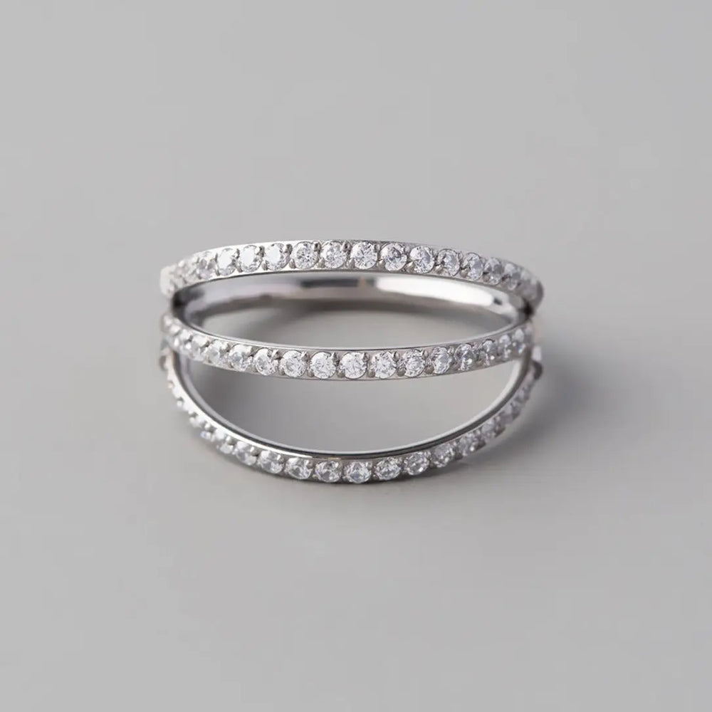 Hinged Segment Ring Triple Stack Clear CZ Faced in Silver - Titanium