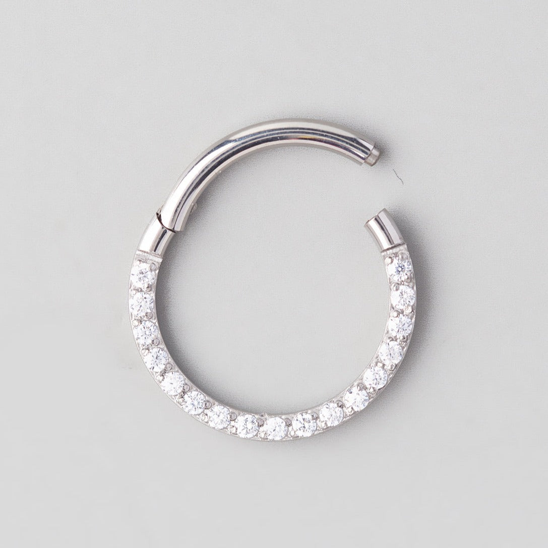 Hinged Segment Ring Front Face CZ in Silver - Titanium - Camden Body Jewellery