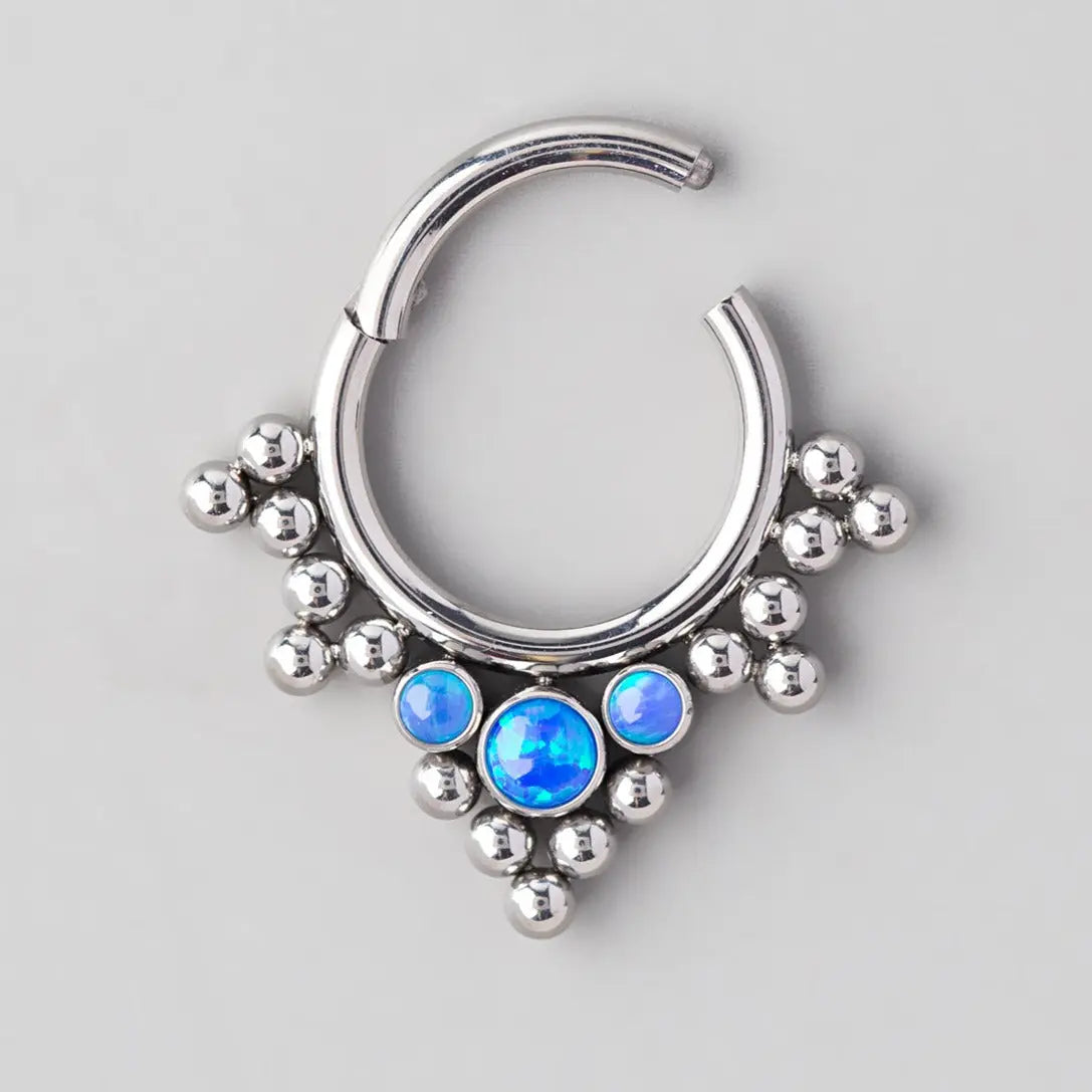 Hinged Segment Ring 5 Tri-Bead Cluster Triple Blue Opal Stone - Titanium - Camden Body Jewellery