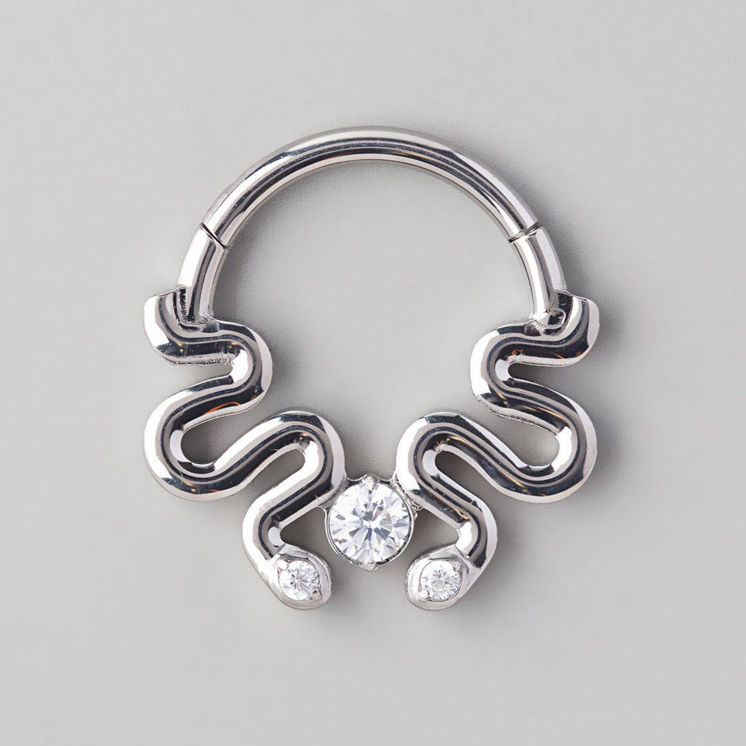 Hinged Segment Ring Double Snake Clear Gem Centre - Titanium - Camden Body Jewellery
