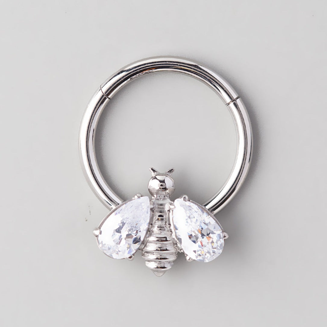 Hinged Segment Ring Bee CZ Wings in Clear Gem - Titanium - Camden Body Jewellery