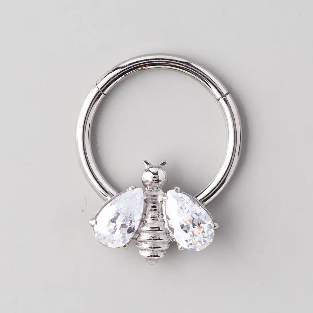 Hinged Segment Ring Bee CZ Wings in Clear Gem - Titanium